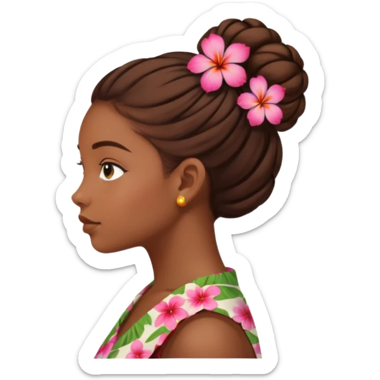 black girl side profile, brown hair in a bun, Hawaiian flower in hair sticker