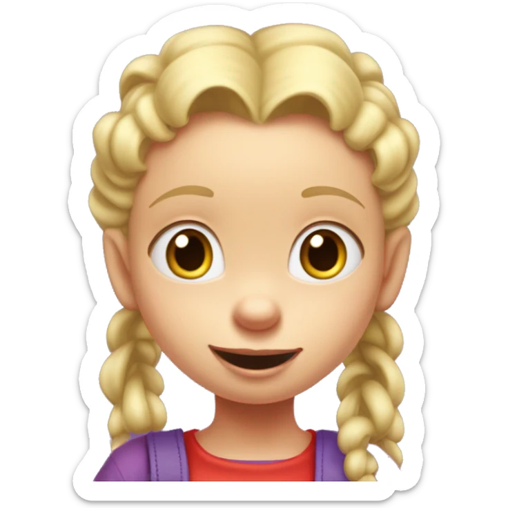 A little blonde girl with pigtails and little purple bows wearing a red long sleeved shirt and purple overalls, rugrats sticker