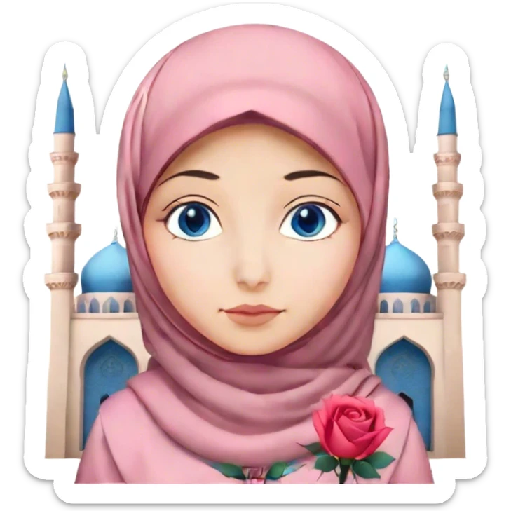 Turkish beautiful finish Konya girl blue eyes with hijab and rose dress on mosque sticker