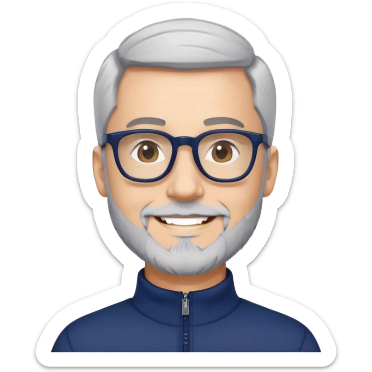 Smiling man with light skin, short black hair, gray beard, black glasses, wearing a navy blue athletic zip-neck long sleeve shirt sticker