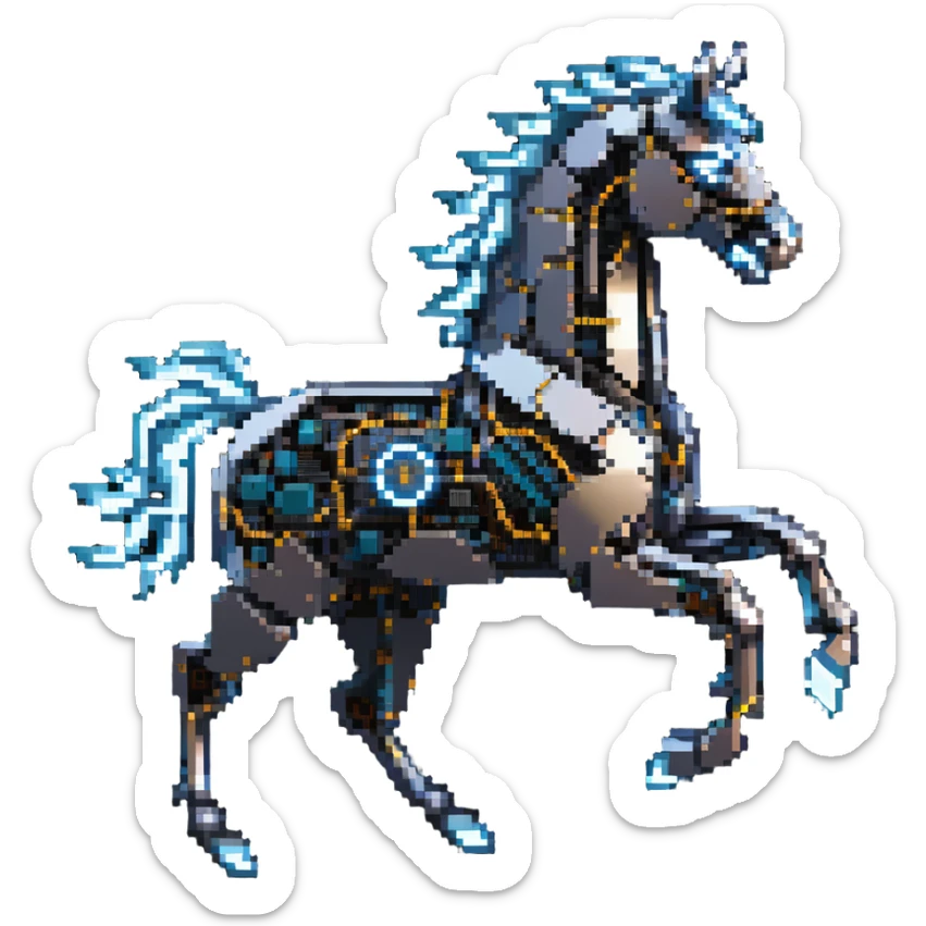 Galloping electric horse made of metal parts with lightning and electricity flowing through its body, dynamic pose sticker