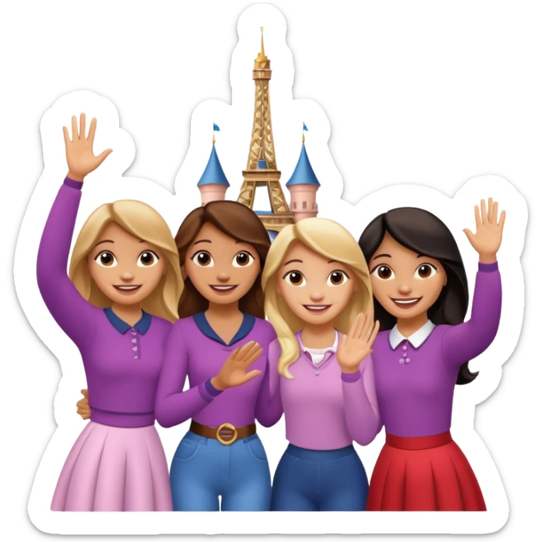 quatro chicas montadas en una atraccion de Disney paris levantando la mano sin el castillo detrás ni nada sticker