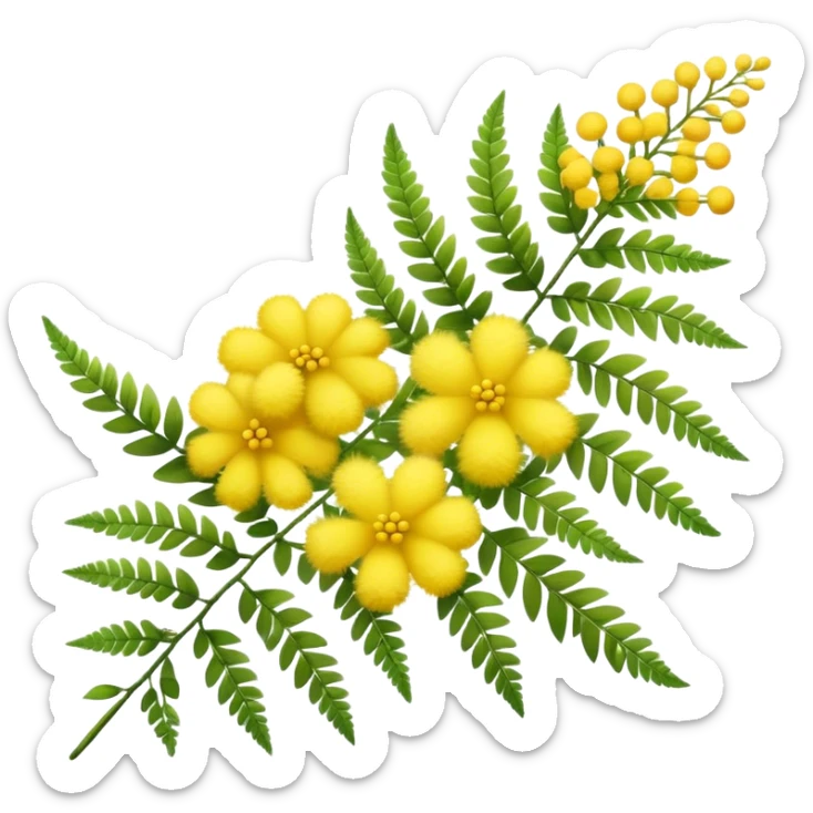 Cinematic Realistic Acacia Emoji, Bright and cheerful, with clusters of fluffy yellow flowers blooming along delicate branches. The wattle’s soft, fern-like leaves sway in the breeze, radiating a sense of warmth and joy. Soft glowing outline, capturing the essence of Australian sunshine, warmth, and beauty in a vibrant acacia tree! sticker