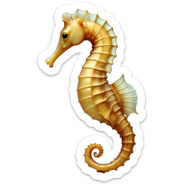 Beautiful and Majestic Sea Horse Portrait Emoji, Head and body rendered in serene repose with a gentle, content smile, showcasing a slender, elegantly curved seahorse with a softly coiled tail and eyes gently closed in peaceful slumber, Simplified yet exquisitely endearing features, highly detailed, glowing with a soft, drowsy aquatic light, high shine, relaxed and utterly enchanting, stylized with an air of majestic marine beauty, soft glowing outline, capturing the essence of a beautiful and majestic seahorse that embodies the enchanting spirit of the ocean! sticker