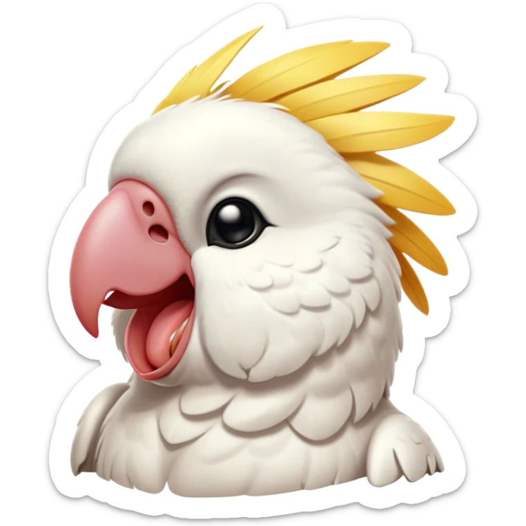 Cinematic Cute Yawning Cockatoo Portrait Emoji, Head tilted slightly with a dramatic, wide-open yawn, showcasing a plump, feathered body with a softly drooping crest and sleepy, half-closed eyes, Simplified yet irresistibly adorable features, highly detailed, glowing with a soft, cozy tropical glow, high shine, relaxed yet expressive, stylized with a dash of whimsical avian charm, soft glowing outline, capturing the essence of a drowsy yet affectionate cockatoo that appears ready to stretch out and yawn its way off the screen! sticker