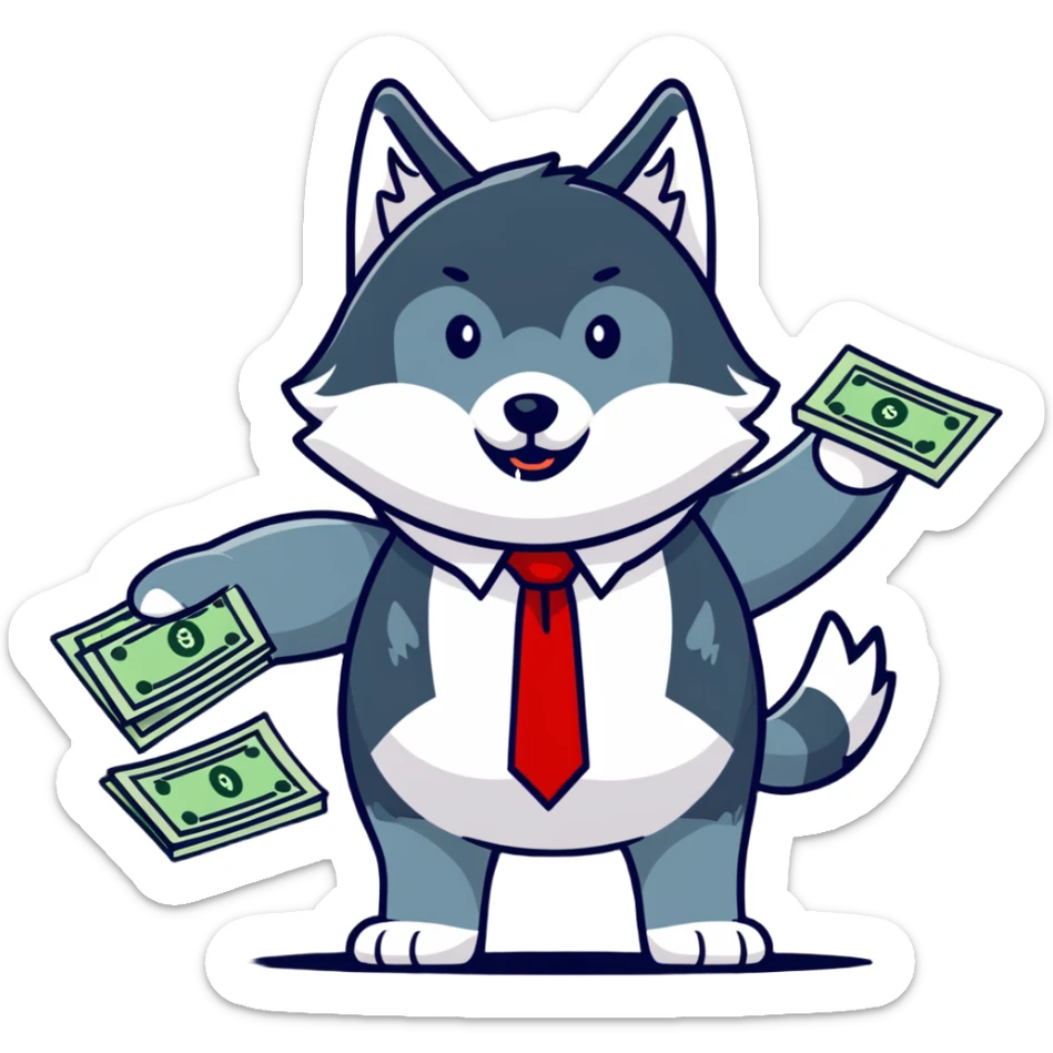 Wolf in football jersey and business tie throwing cash, stock market charts background sticker