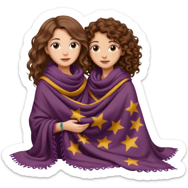 star blanket scene — long wavy brown hair tattooed woman and short tight curly brown hair woman — sharing oversized scarf blanket sticker