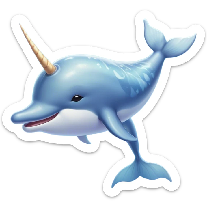 Beautiful and Majestic Cute Narwhal Portrait Emoji, Head and body rendered in serene repose with a gentle, radiant smile, showcasing a streamlined, graceful form adorned with a luminous spiraled tusk and peacefully closed eyes, Simplified yet exquisitely endearing features, highly detailed, glowing with a soft, majestic ocean light, high shine, serene and utterly enchanting, stylized with an air of magical marine splendor, soft glowing outline, capturing the essence of a beautiful and majestic cute narwhal that embodies the quiet wonder of the deep blue! sticker