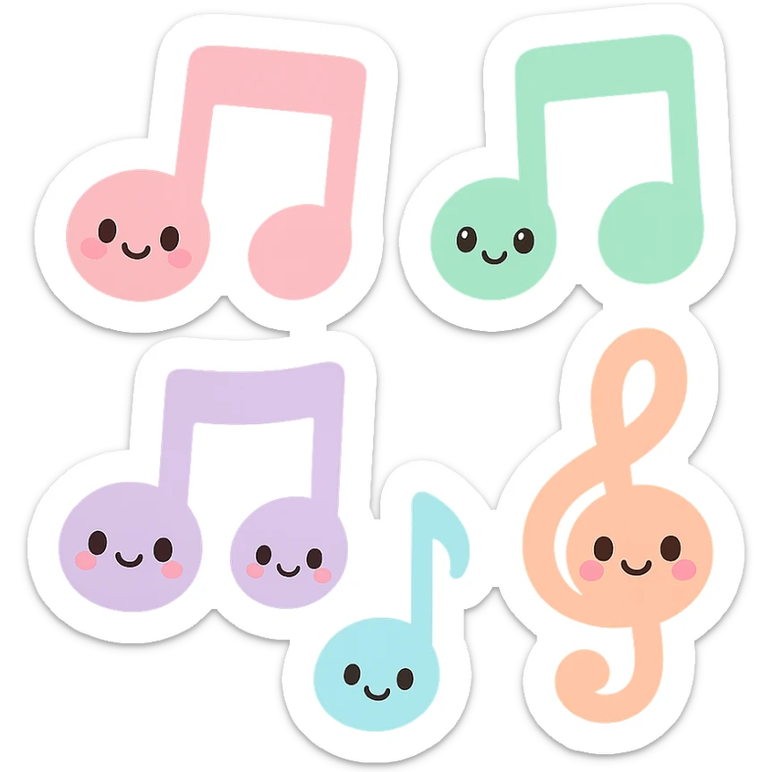 colorful music notes, kawaii style, cute faces, pastel colors sticker