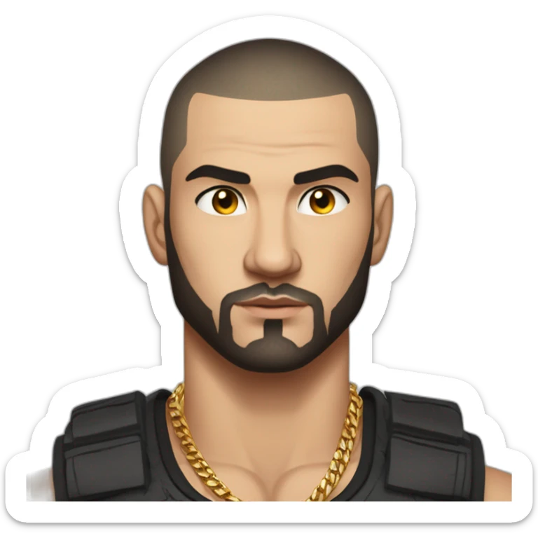 Russian muscular thug man aged 26 wearing gold chain with black hair buzz cut and short beard sticker