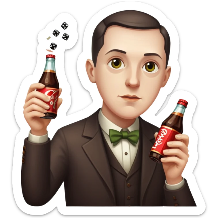 writer Lovecraft holding a bottle of cola and throwing dice, emoji style, more dramatic expression sticker