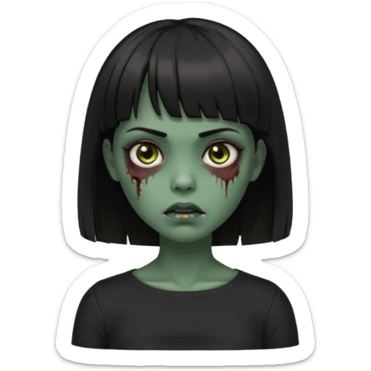 Zombie girl emoji verde escuro com cabelo curto liso preto no ombro e franja na altura da sobrancelha cobrindo completamente a testa, com uma blusa preta, olhos castanhos escuros sticker