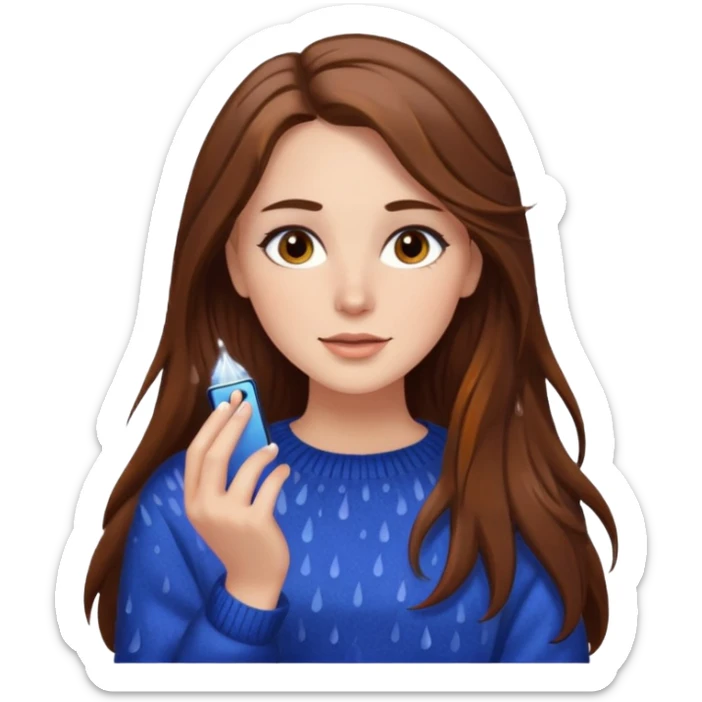 white woman with long brown hair and brown eyes, wearing a sweater, enjoying the rain, with visible makeup sticker