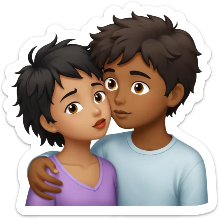 Un niño moreno con el pelo desordenado dándole un beso a un niña de pelo negro medio corto sticker
