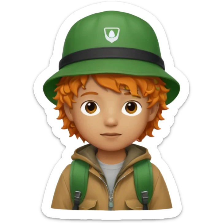 A little boy student curly orange hair, with green bucket hat, brown jacket, backpack sticker