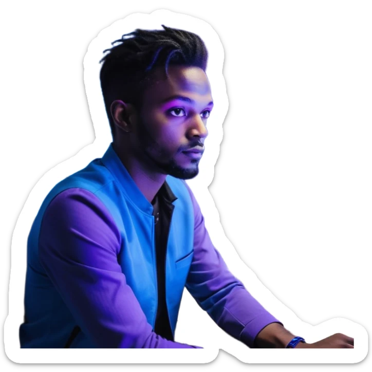 Développeur homme noir, dans un espace de coworking moderne, lumière néon bleue et violette, reflet sur son visage concentré, code affiché sur plusieurs écrans, légère profondeur de champ, ambiance professionnelle, style cinématique 4K, détails précis, peau naturelle, contraste fort. sticker