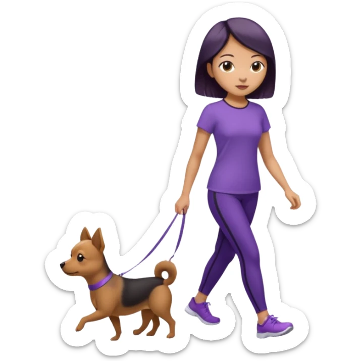 Chinese woman wearing purple top and black leggings walking 1 small brown dog sticker