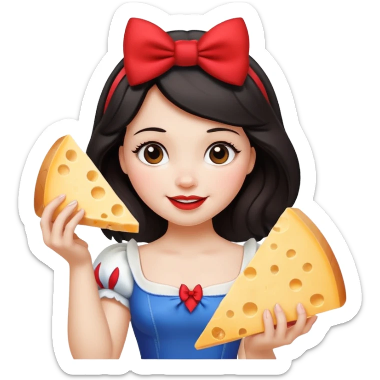 Happy Disney Snow White with red bow in hair and holding triangle wedge of cheese sticker