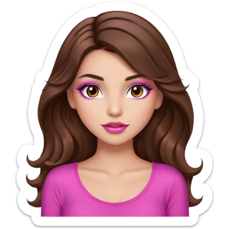 girl with long wavy brown hair, brown eyes, long lashes makeup, sexy pink lips, light to medium complexion, wearing a pink sexy top sticker