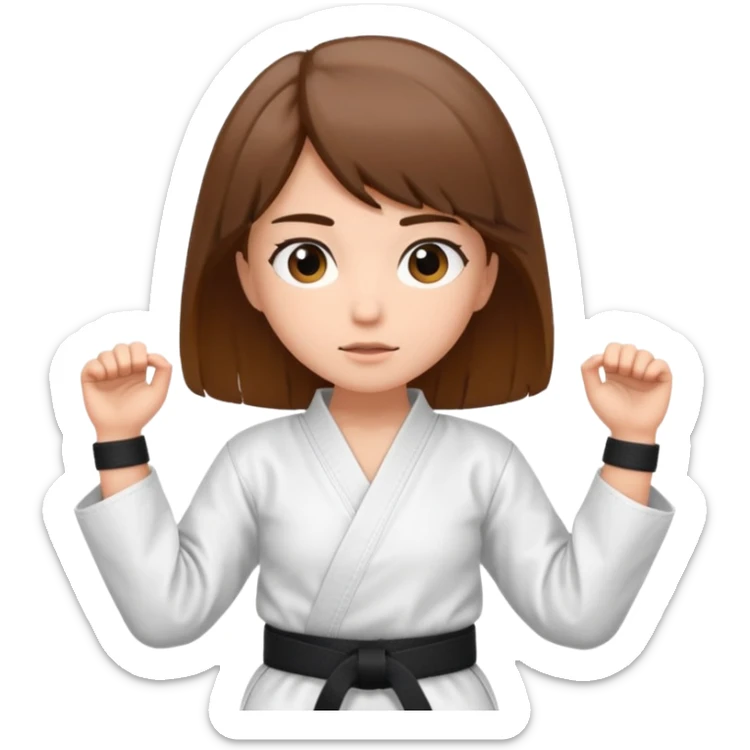 Ragazza castana che pratica karate, ha la cintura nera ed io tradizionale kimono bianco del karate, tira un calcio laterale oppure un pugno oppure è in posizione di guardia sticker