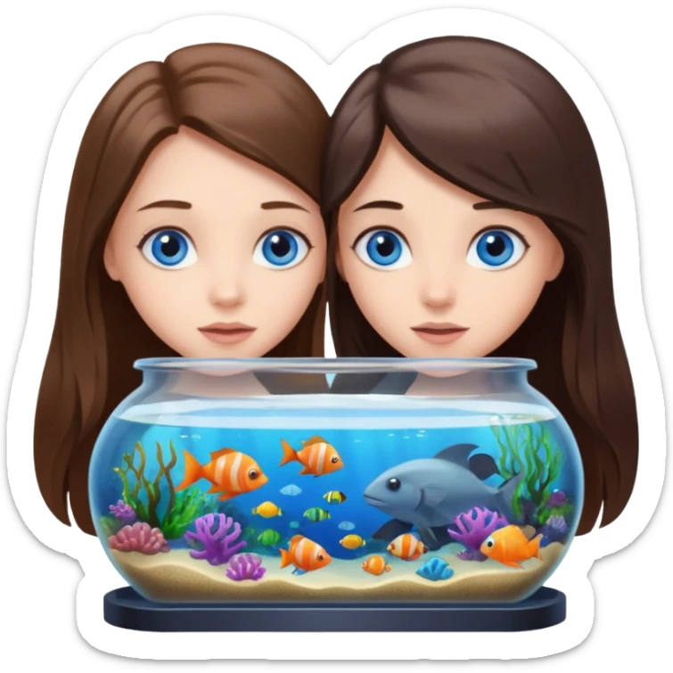 two brunette girls long hair blue eyes looking into an aquarium sea life viewing sticker