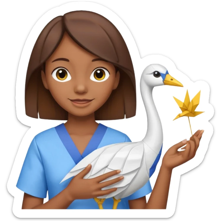 happy-african-young-girl-with-brown-hair-in-a-white-kanga-shirt-holds-an-origami-yellow-and-blue-crane sticker