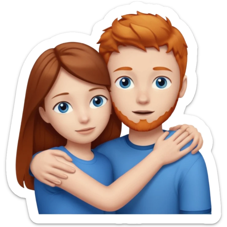 Girl with straight brown hair being hugged by ginger boy. Both have blue eyes.  sticker