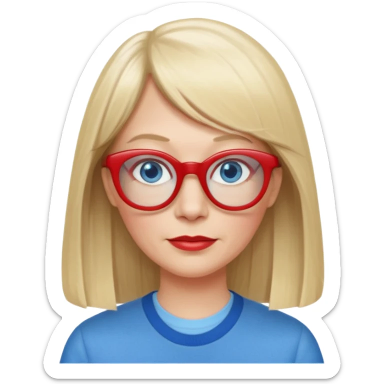 50 yr old white woman, pale skin, long straight blond hair parted in center, blue eyes, bangs, clothes for school, big red glasses, oval face,  sticker