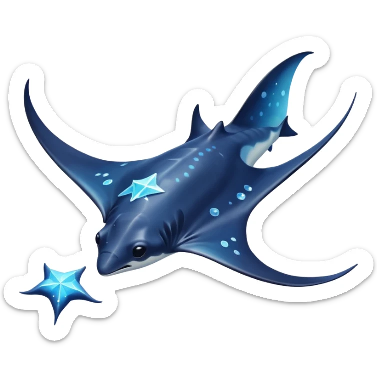Starseed Manta emoji – full body, manta ray with wide wings, smooth glowing spots like small stars across its body, one central star crystal on its back, slight side angle sticker