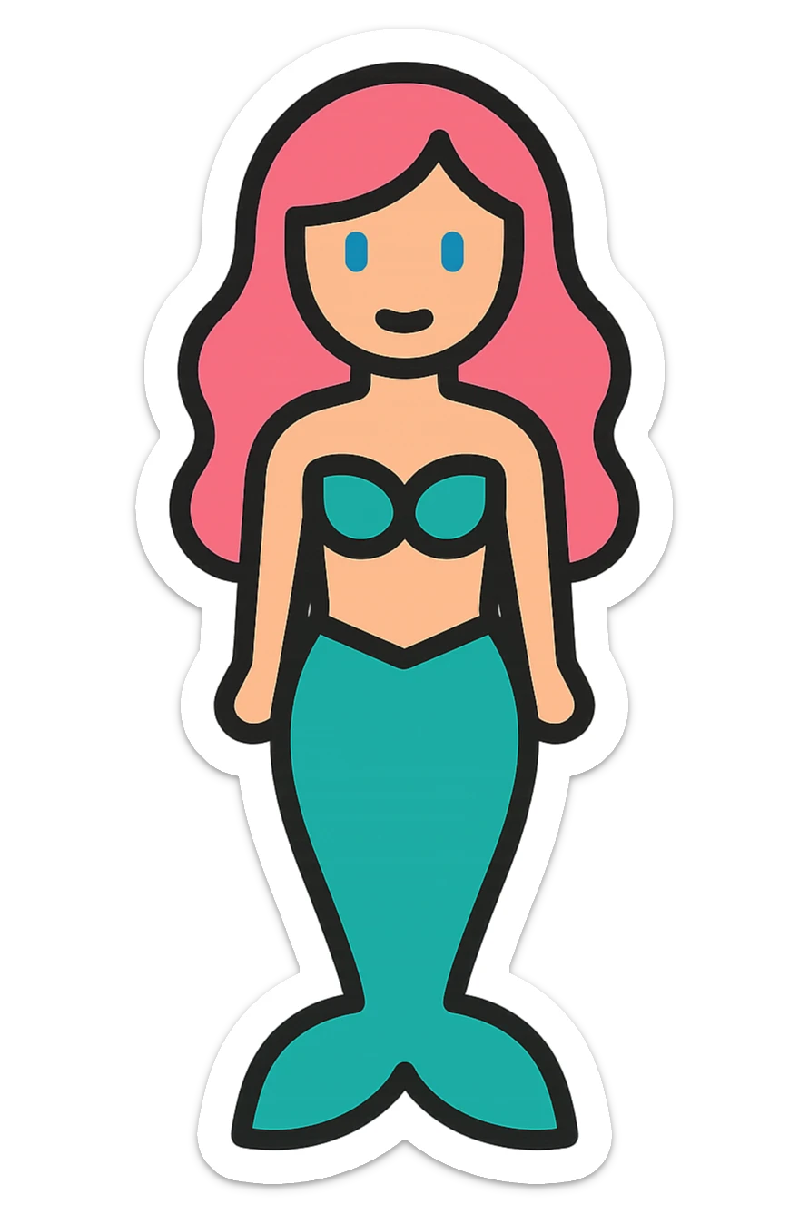 full length mermaid with pink hair, blue eyes, turquoise green tail, minimal detail, lineal color icon style sticker