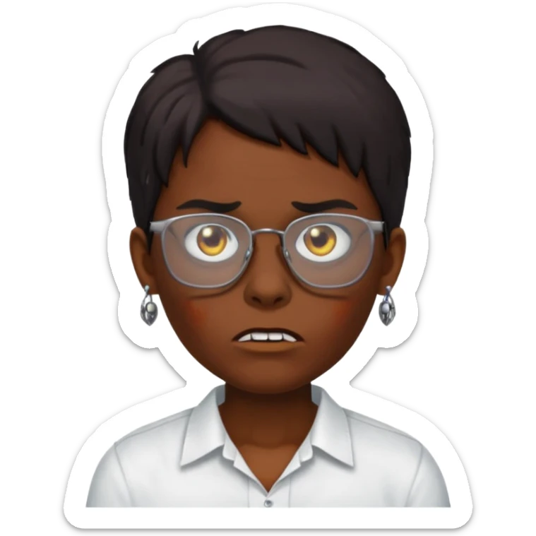 A zombie wearing a white shirt, dark skin, medium-length dark hair, earrings, and glasses, on a white background, facing forward. sticker