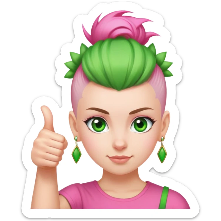 girl with pink topknot mohawk haircut and green eyes giving a thumbs up sticker