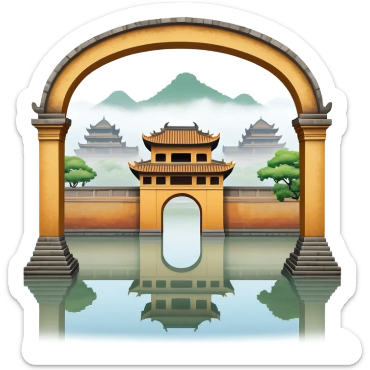 Cinematic Realistic Imperial City of Hue Landmark Emoji, capturing the ancient citadel’s weathered walls, intricate gates, and traditional Vietnamese architecture, surrounded by a misty, tranquil moat. sticker