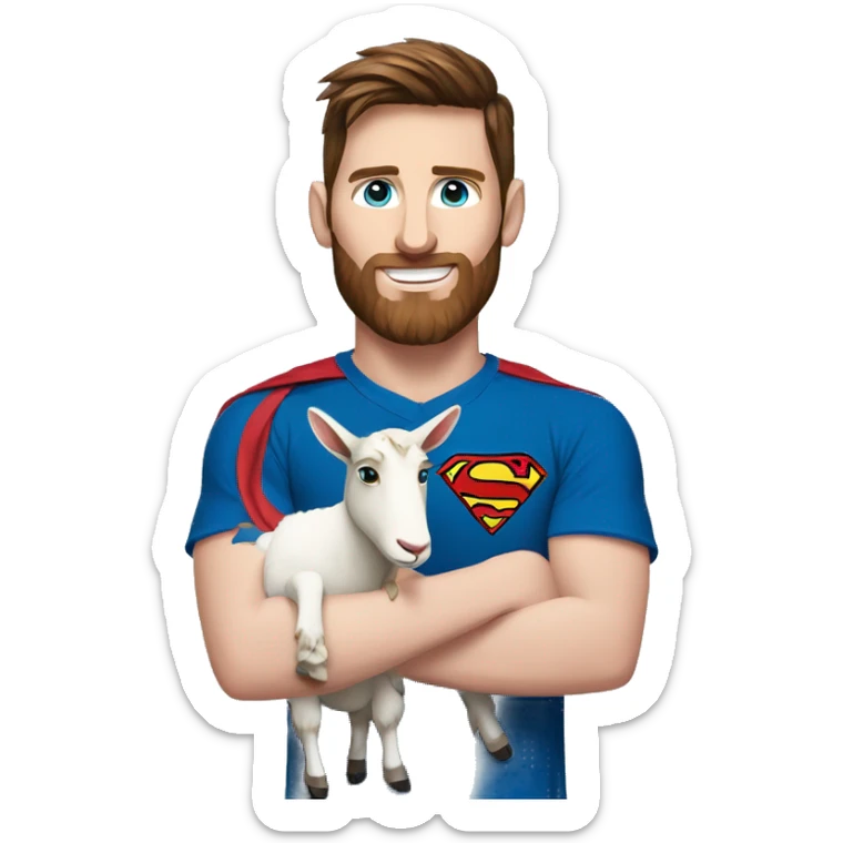 Messi holding a goat, redish hair redish beard, blue eyes, wearing a superman outfit sticker