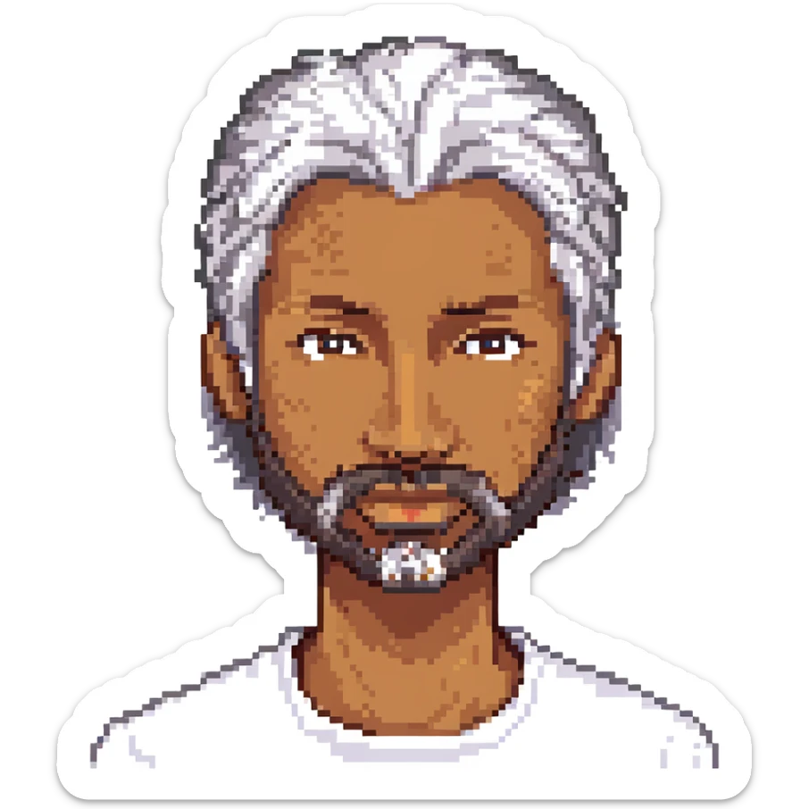 Minecraft pixel art face of Kevin, with gray hair, brown skin, scruffy beard, matching the reference sticker