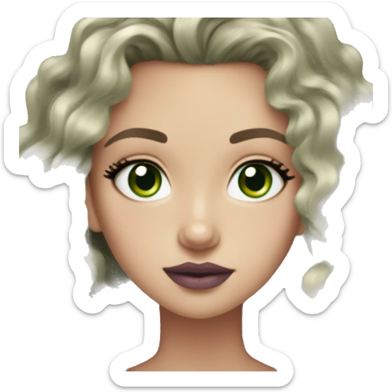 white girl, green eyes, black long curly/wavy hair, cute earrings, green v-neck top, mascara mauve lipstick sticker