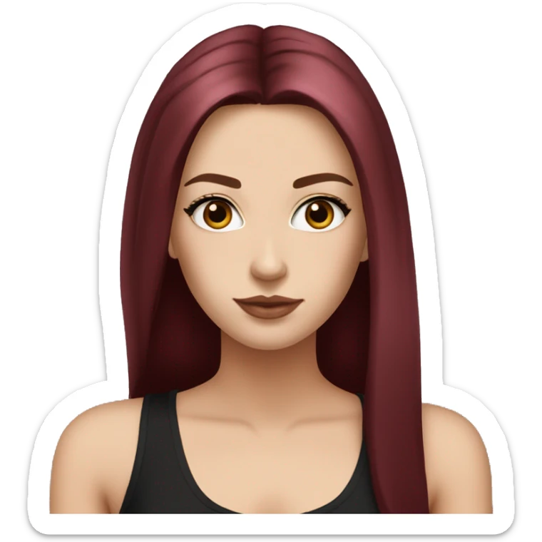 white girl, long straight middle part burgundy hair, brown eyes, long eyelashes, full lips, black tank top sticker