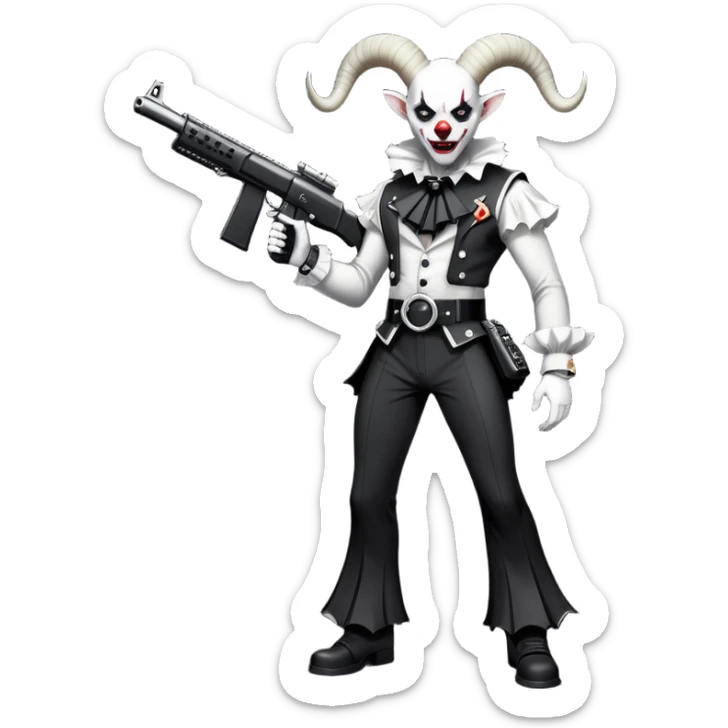 full-body muscular demonic clown in a black and white leisure suit with bellbottom pants, bald, with black ram horns, flashy black and white belt, ruffled white shirt, no neck tie, large fangs, holding a very large futuristic rifle sticker