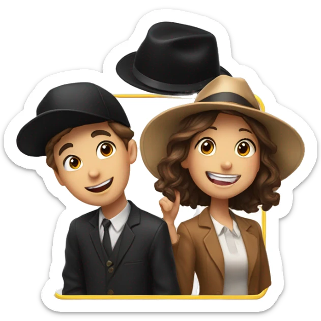Boy with a black hat and a girl with Brown hair and tongue out are happy and taking a Photo in a photobox  sticker