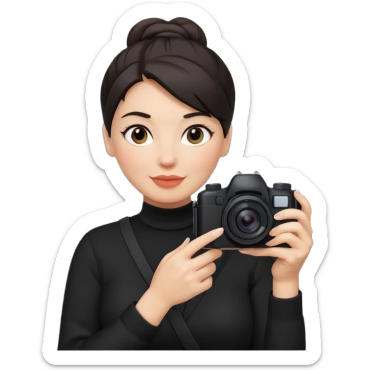 middle aged woman photographer with dark hair in a bun, wearing black clothes sticker
