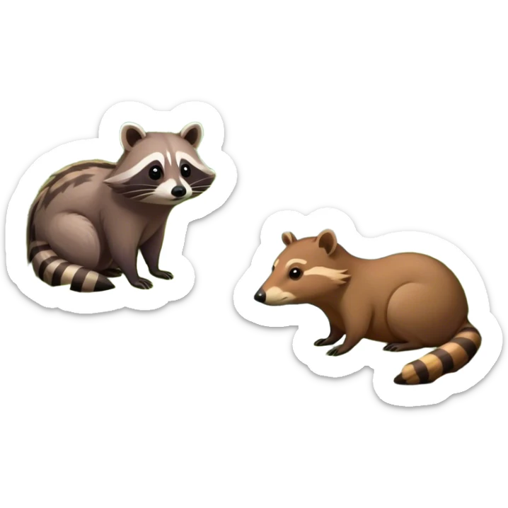 Collage of a raccoon and capybara in a lush, vibrant forest. The raccoon curiously looks around, while the capybara rests peacefully near a stream. The forest is full of green trees, leaves, and soft sunlight. A serene and natural background. sticker