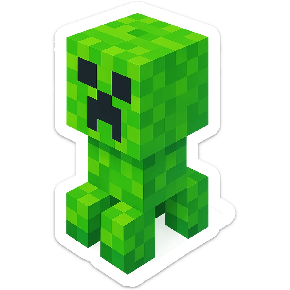 Minecraft Creeper, 3D blocky voxel style, green pixelated texture, facing forward, classic Minecraft look sticker