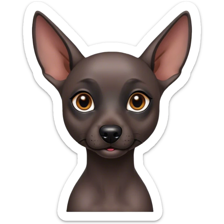 Cinematic Cute Xoloitzcuintle dog Portrait Emoji, Head tilted playfully and inquisitively, featuring smooth, hairless ebony skin with distinctive, artistic wrinkles, round, sparkling dark eyes filled with curiosity, Simplified yet irresistibly adorable features, highly detailed, glowing with a warm, friendly glow, high shine, affectionate and spirited, stylized with a touch of whimsy, bright and endearing, soft glowing outline, capturing the essence of a mischievous yet loving companion, so playful it feels like it could trot out of the screen and into your arms! sticker