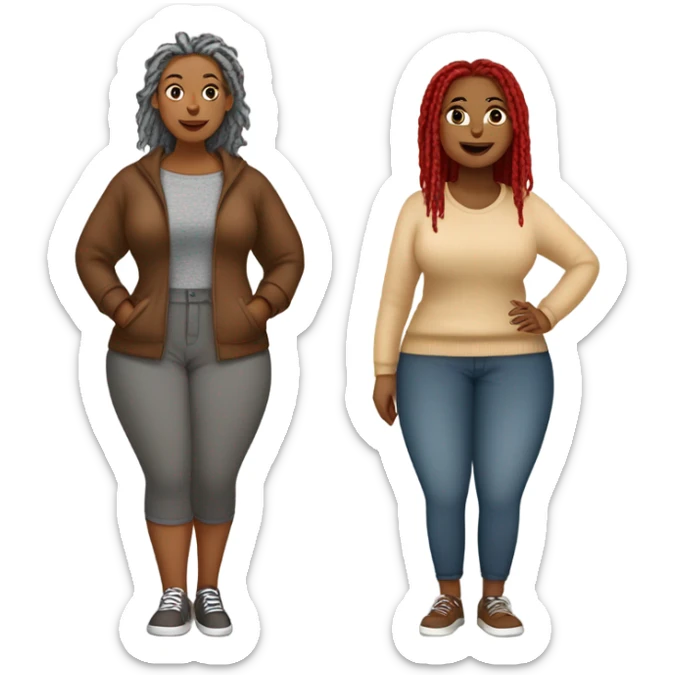 Curvy woman with gray locs wearing pants , other curvy woman is brown with red locs in a knee-length dress with a cozy sweater, shopping sticker