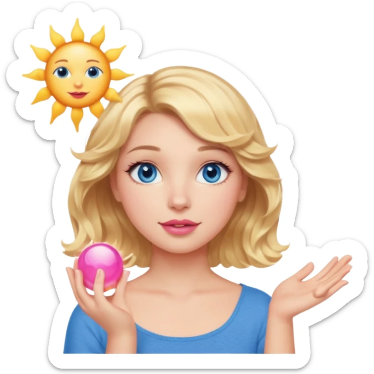 Girl Blonde short wavy hair,  blue eyes, cute blue top, long lashes, pink lips, holding the one sun   sticker