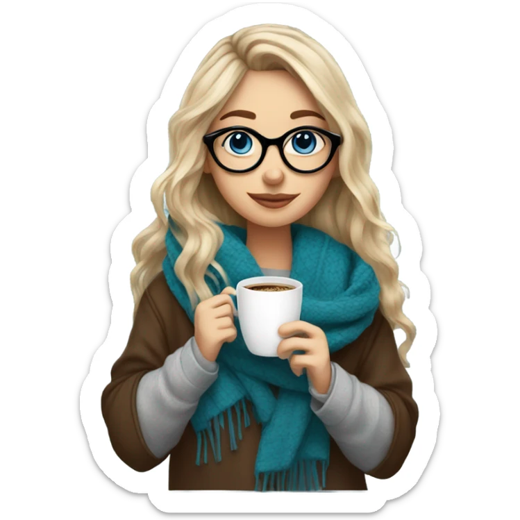 Balayage hair Girl drinking coffee, with a cozy blanket wearing glasses with blue eyes  sticker