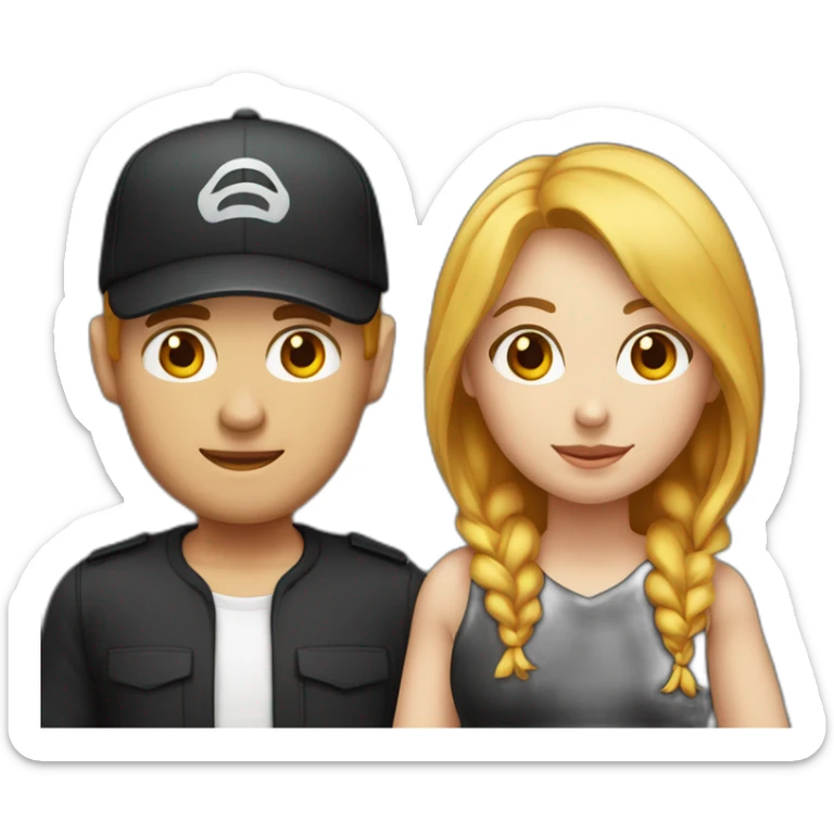 couple blond man with black cap and white shirt, woman with medium red hair shirt with neckline sticker