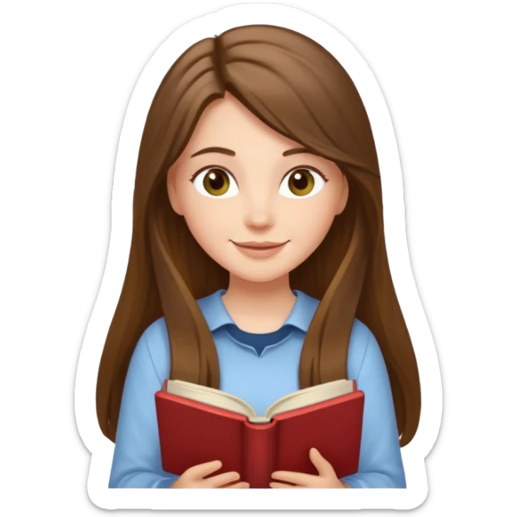 happy white long brunette hair girl with hazel eyes wearing light reading a book  sticker
