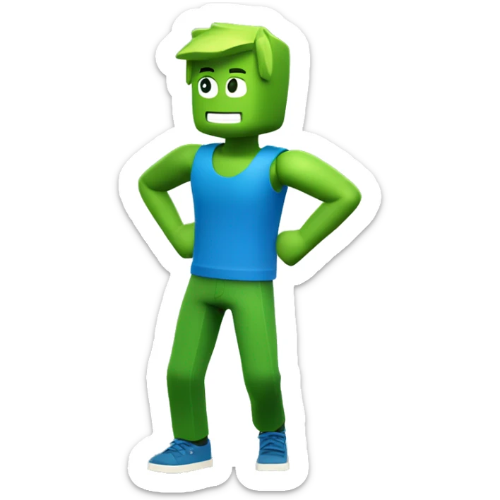 blocky roblox character with blue tanktop and green legs dancing full-body sticker