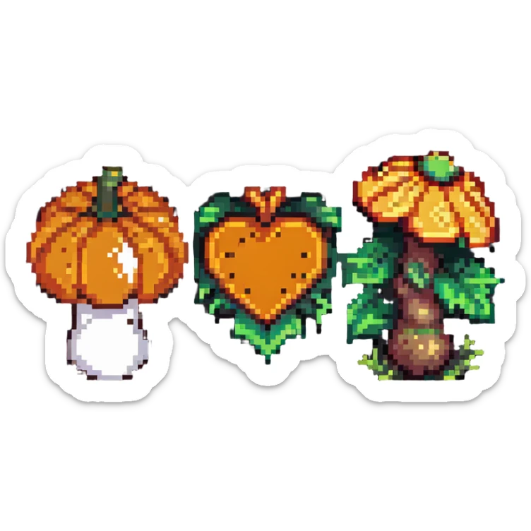 heart split in half with a mushroom motif on one side and a pumpkin motif on the other, pixel art style sticker